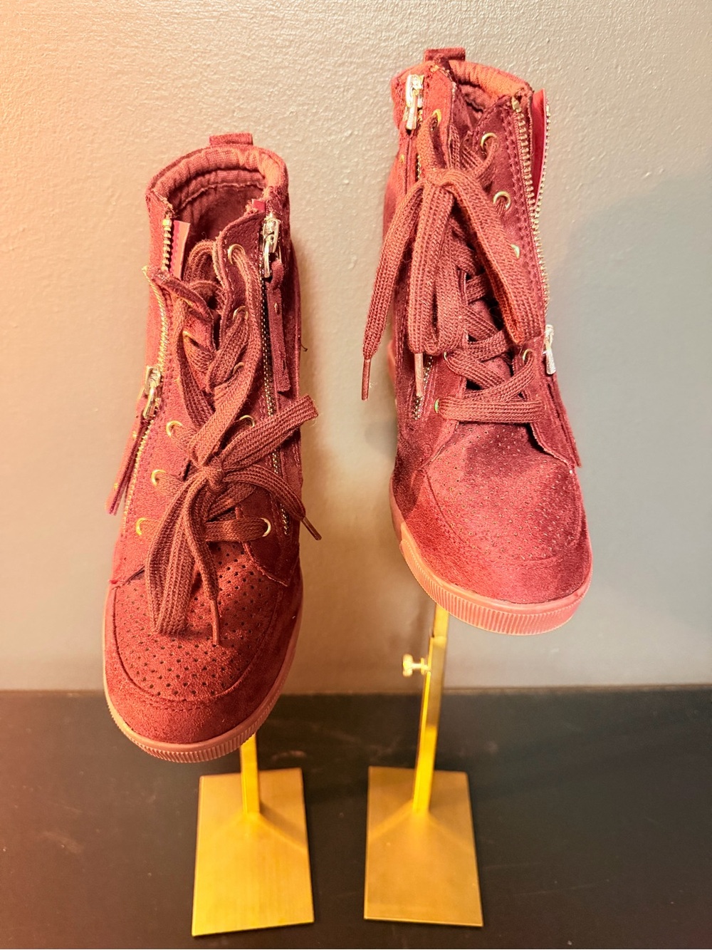 ShoeDazzle Burgundy Hidden Wedge High Top Sneakers